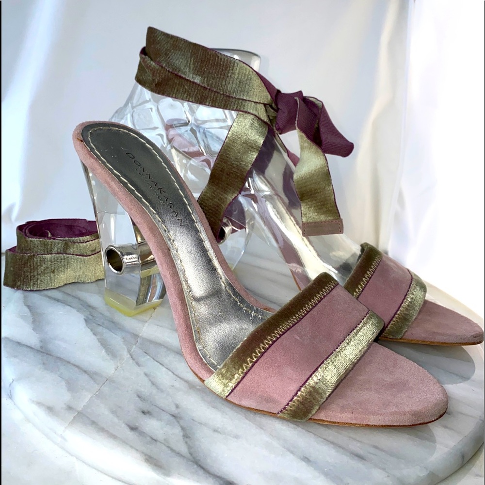Donna Karan Y2K Vintag Block Clear Lucite 4 Heels Suede Lace-up or Mules 40.5 10